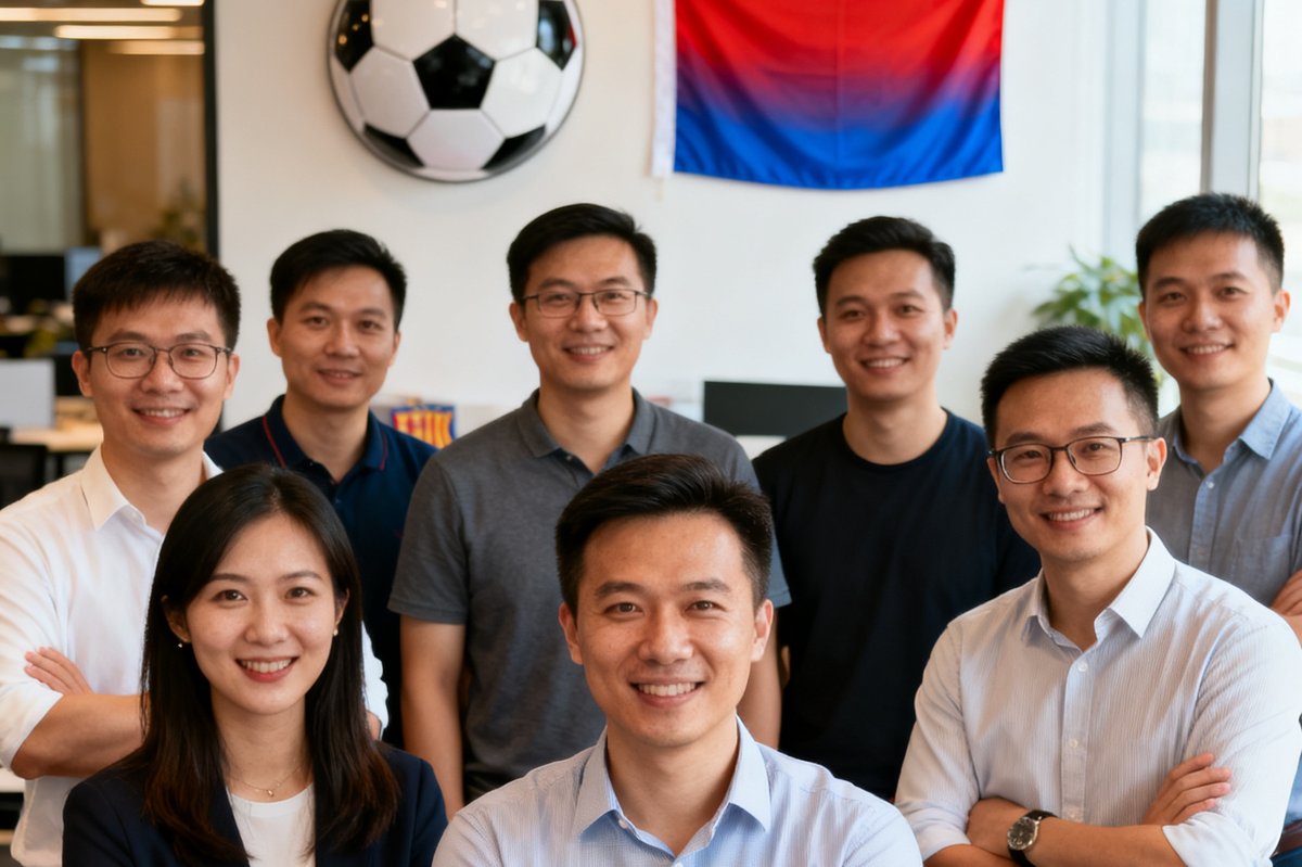 满冠体育创始团队在深圳办公室的合影，墙上挂着足球和队旗，充满创业激情