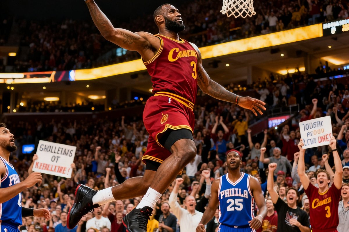 勒布朗·詹姆斯在NBA扣篮大赛中飞跃扣篮,全场沸腾