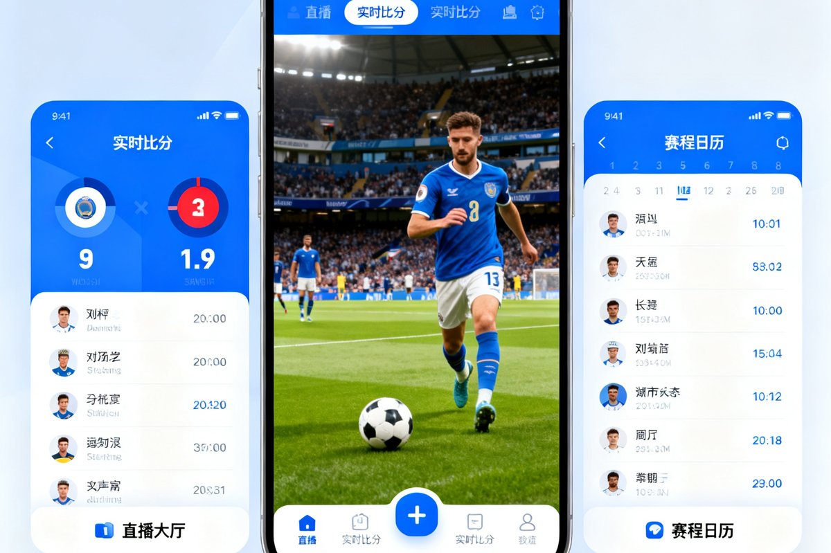满冠体育APP界面展示，包括直播大厅、实时比分和赛程日历功能